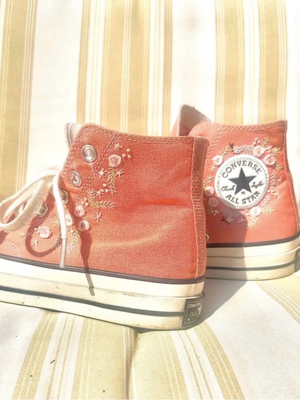 Converse Embroidered High Top Sneakers in Coral Pink with White Accents - Picture 4 of 6